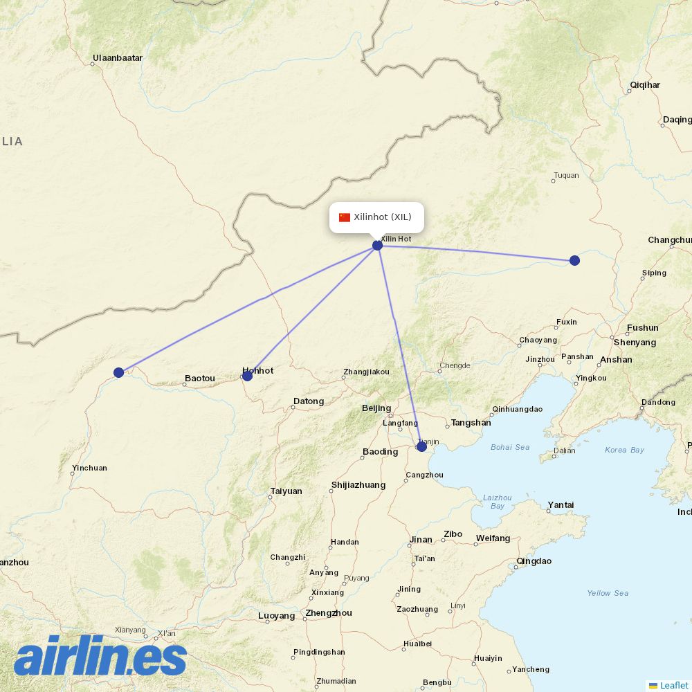 Tianjin Airlines from Xilinhot Airport destination map