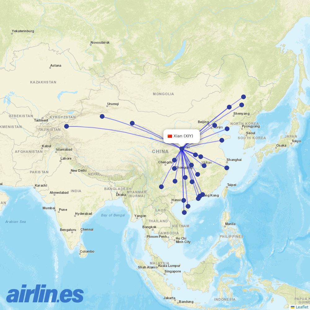 Air Changan from Xi'an Xianyang International Airport destination map