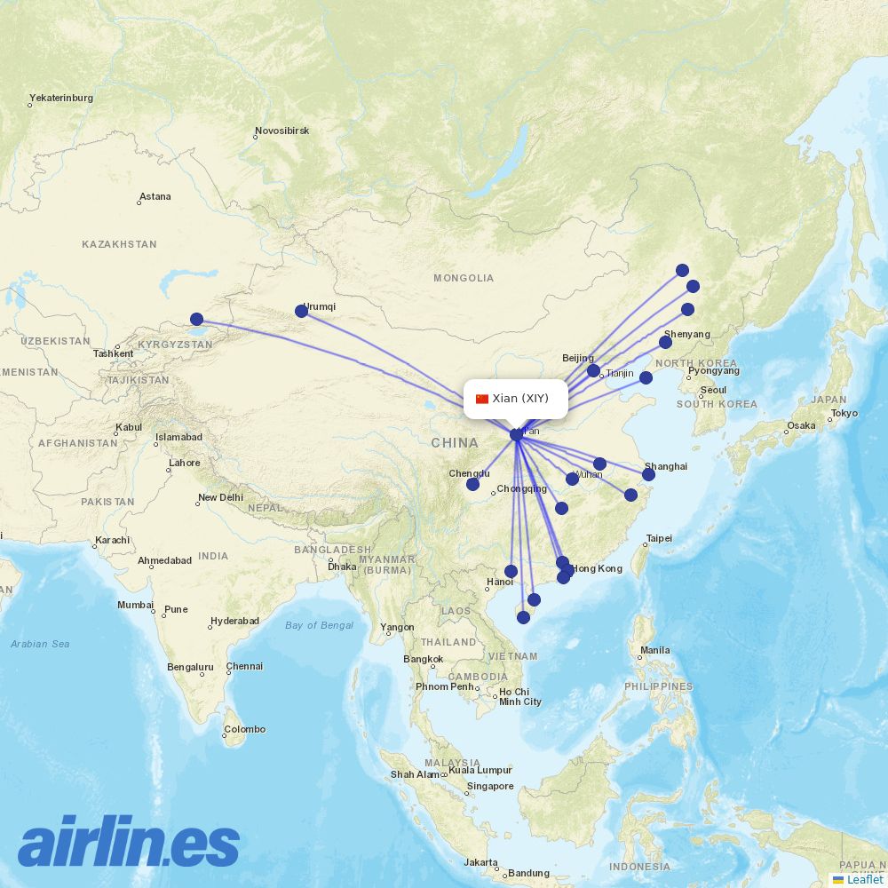 China Southern Airlines from Xi'an Xianyang International Airport destination map