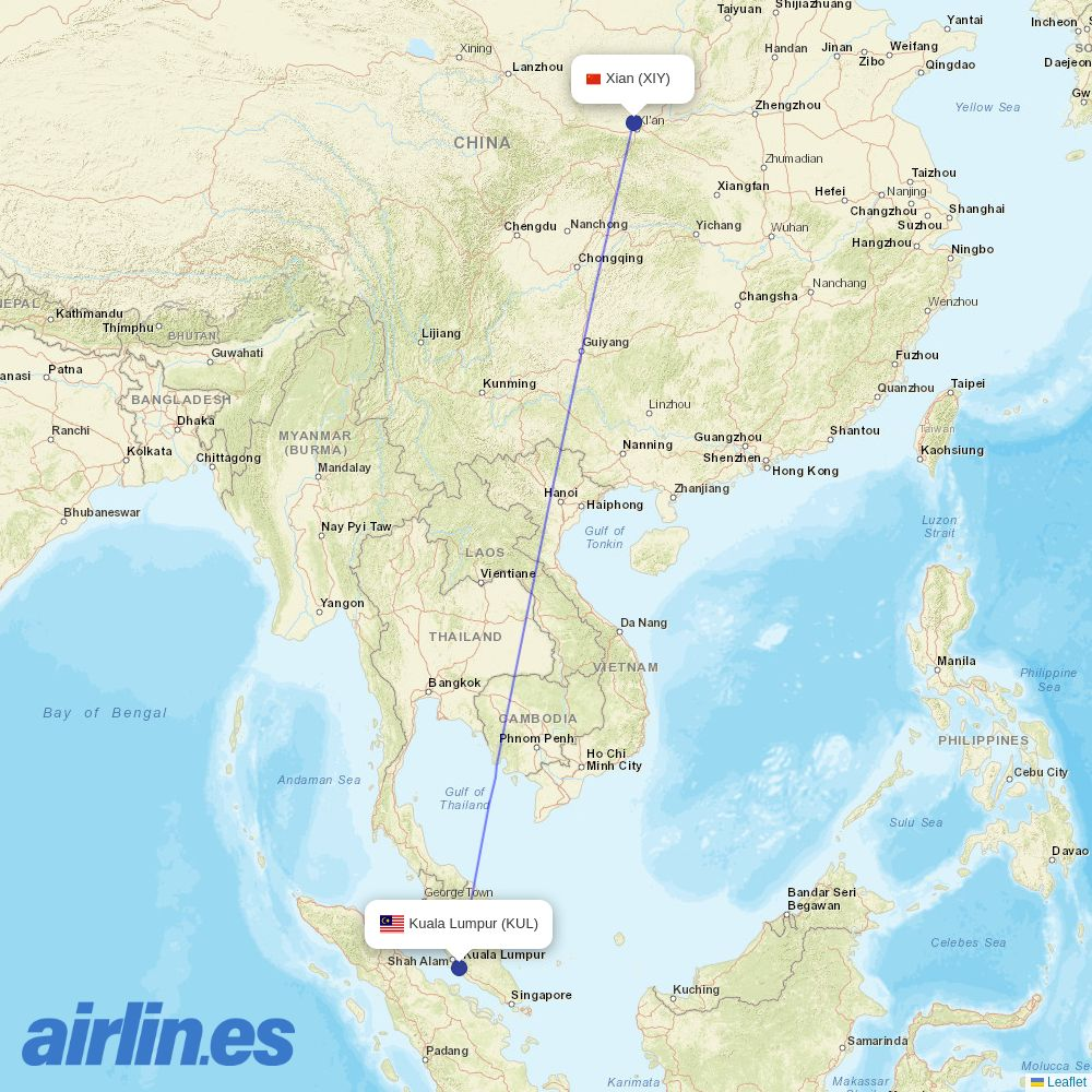 AirAsia X from Xi'an Xianyang International Airport destination map