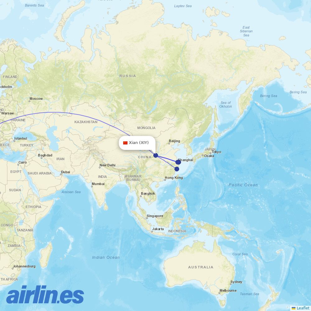 Shanghai Airlines from Xi'an Xianyang International Airport destination map
