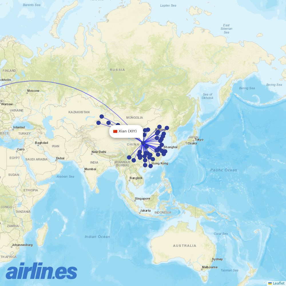 Tianjin Airlines from Xi'an Xianyang International Airport destination map