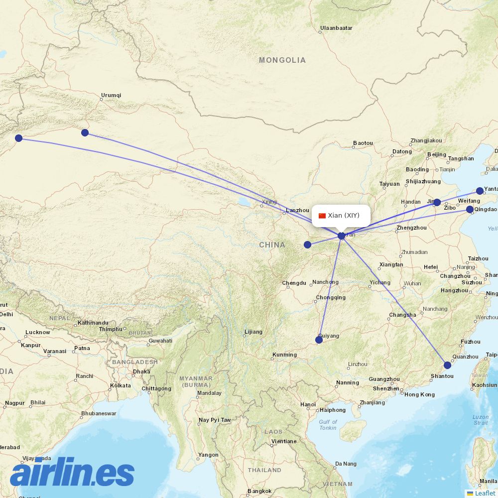 Shandong Airlines at XIY route map