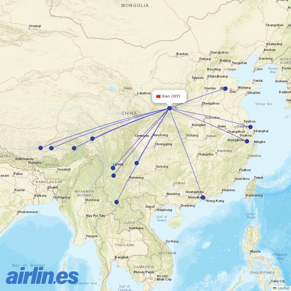 Tibet Airlines at XIY route map
