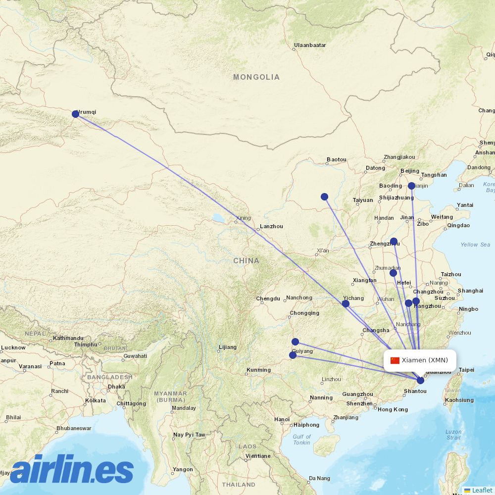 Tianjin Airlines from Xiamen Gaoqi International Airport destination map