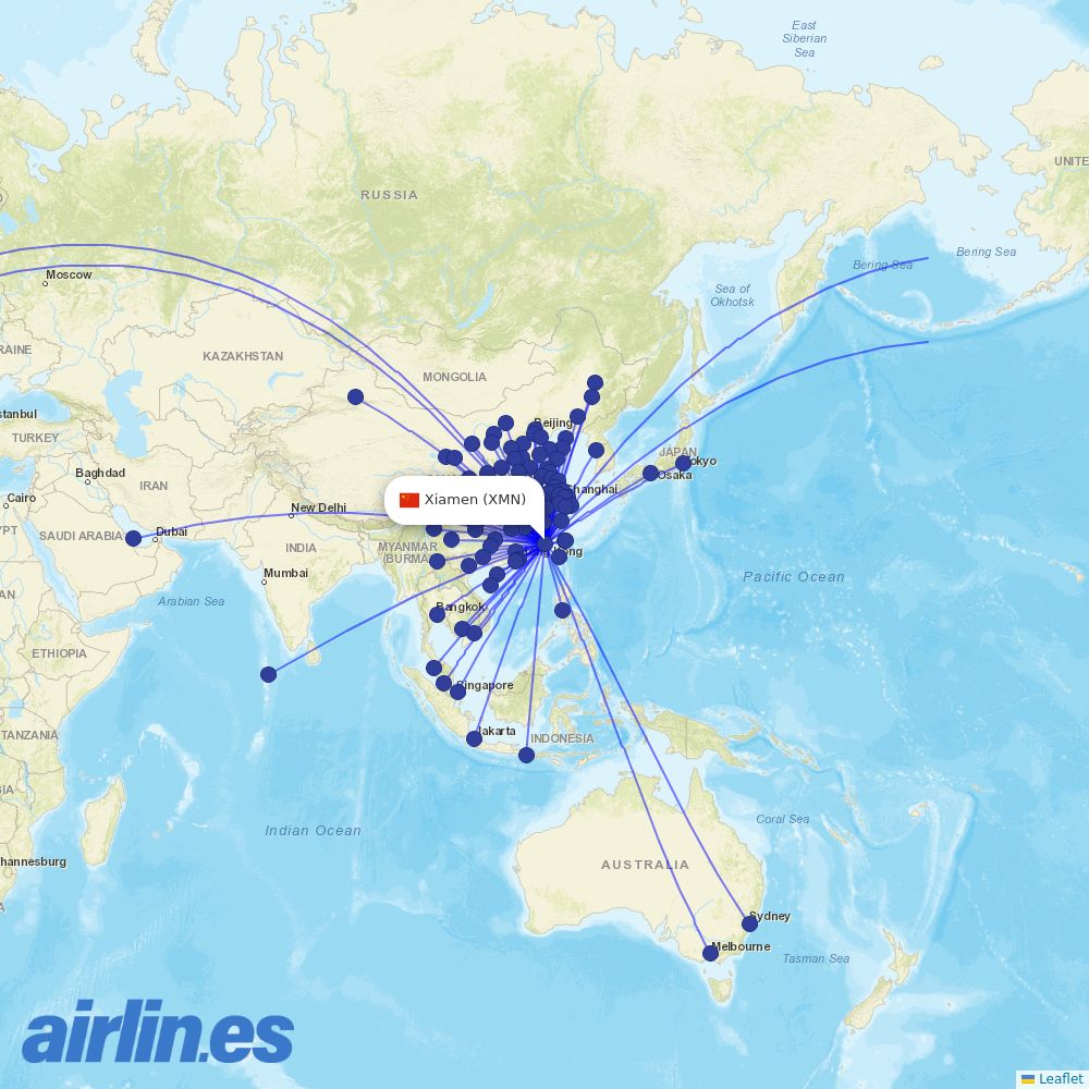 Beijing Capital Airlines from Xiamen Gaoqi International Airport destination map