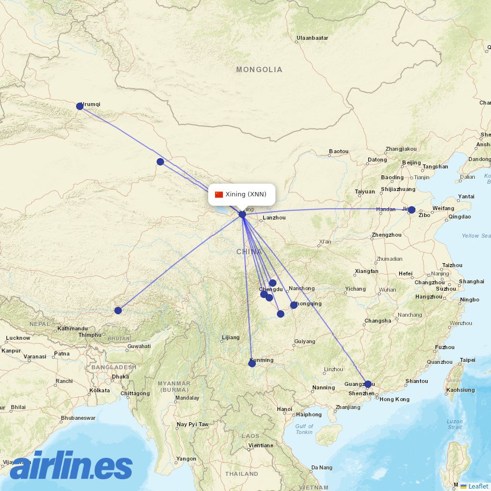 Sichuan Airlines from Xining Caojiabu Airport destination map