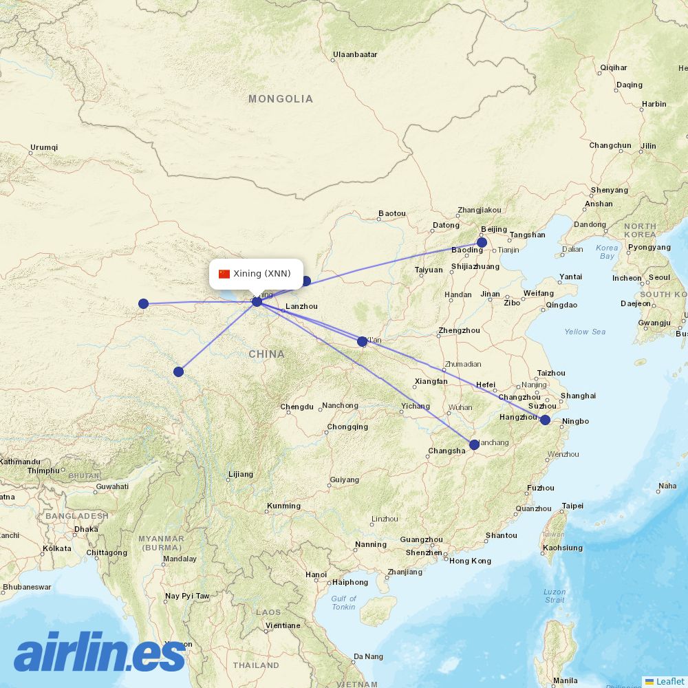 Beijing Capital Airlines from Xining Caojiabu Airport destination map
