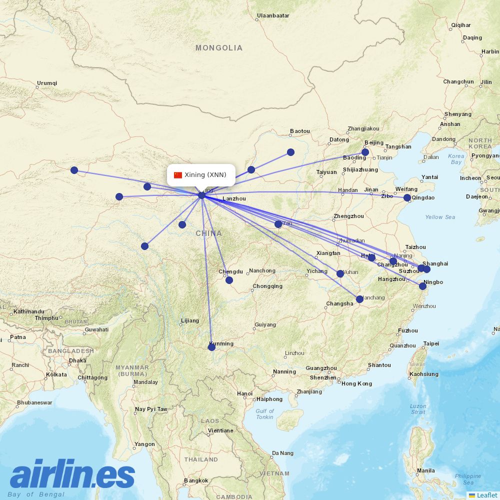 China Eastern Airlines from Xining Caojiabu Airport destination map