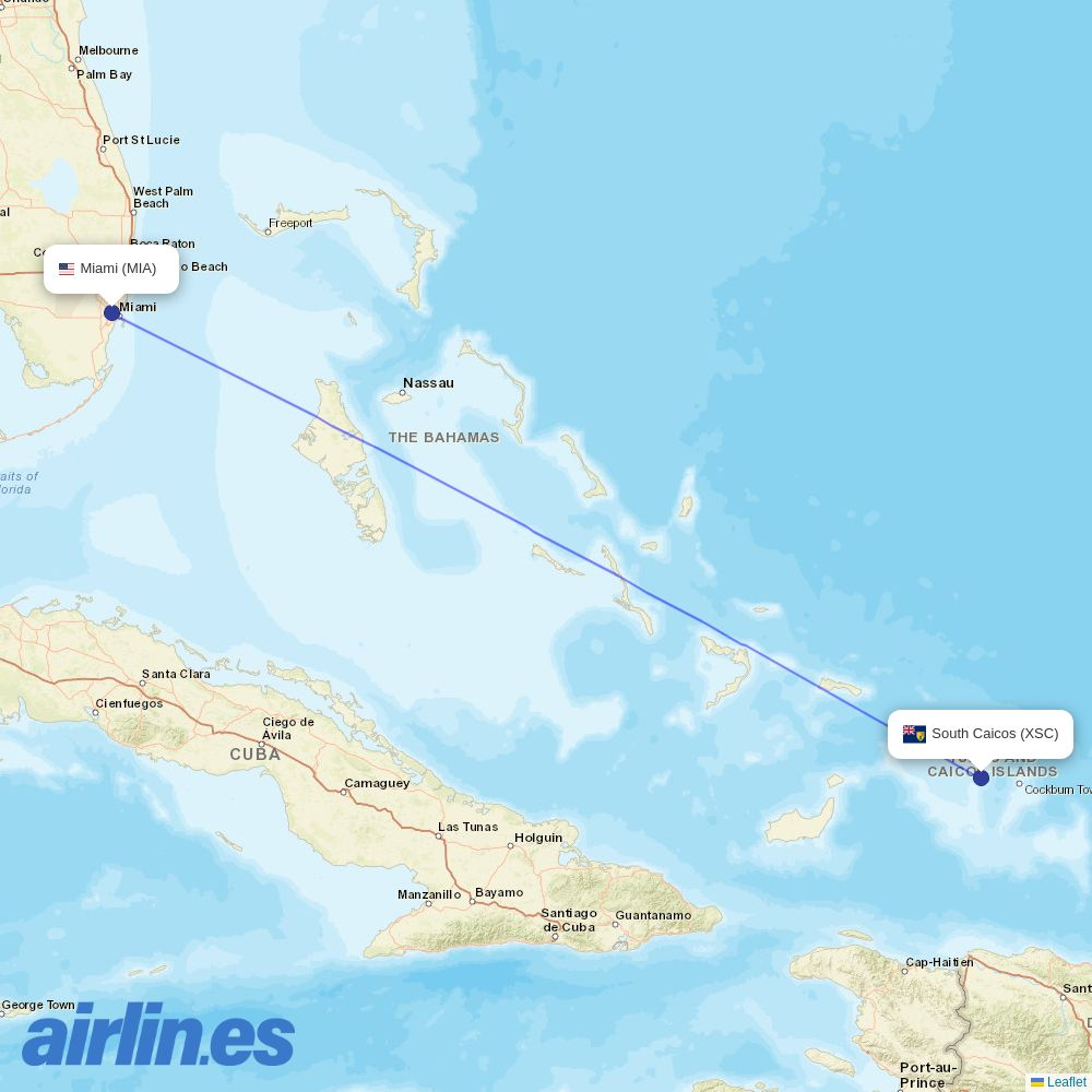 American Airlines from South Caicos destination map