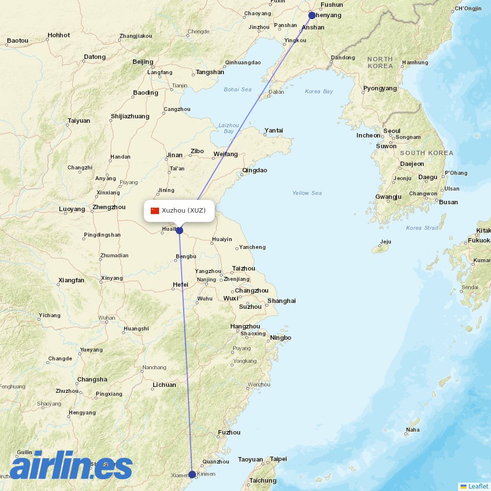 Shandong Airlines from Xuzhou Guanyin Airport destination map