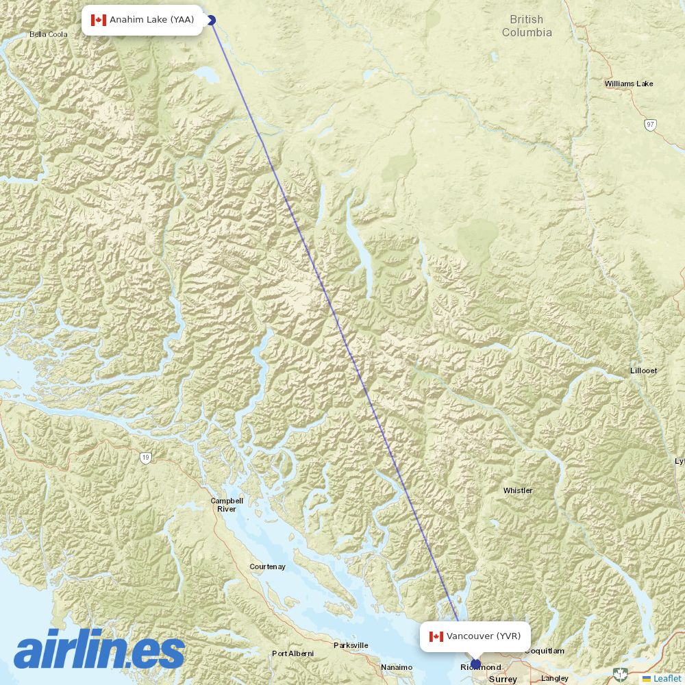 Pacific Coastal Airlines from Anahim Lake Airport destination map