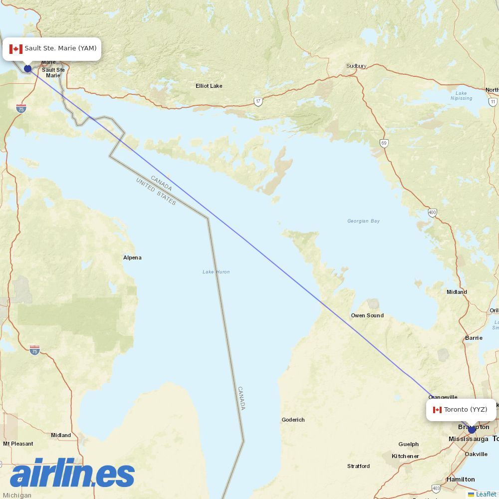 Air Canada from Sault Ste Marie destination map