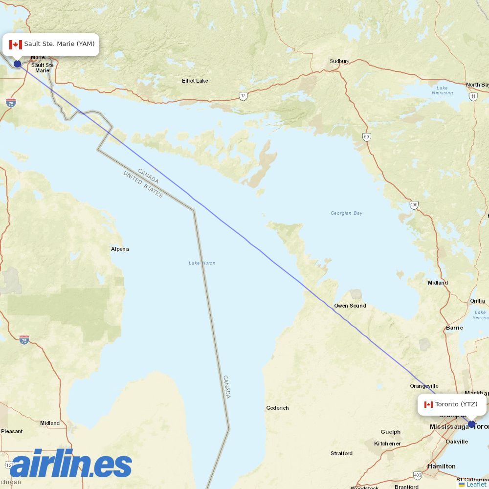 Porter Airlines from Sault Ste Marie destination map