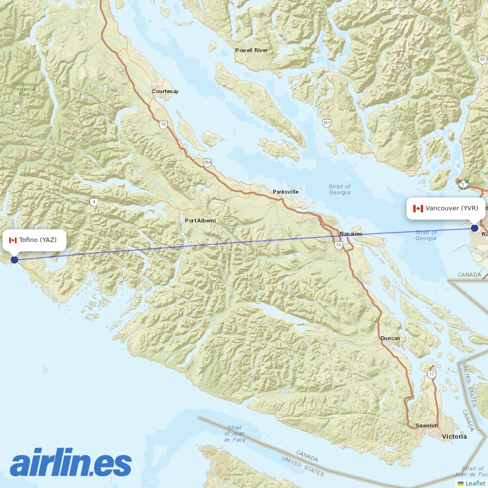 Pacific Coastal Airlines at YAZ route map
