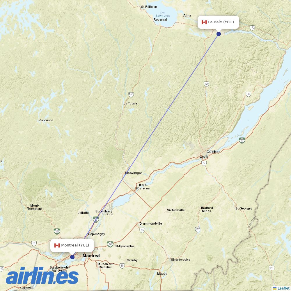 Air Canada from Bagotville destination map