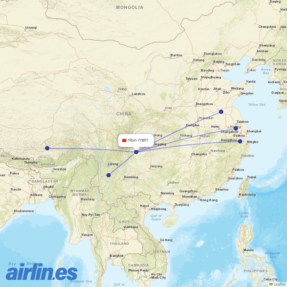 Tibet Airlines from Yibin destination map