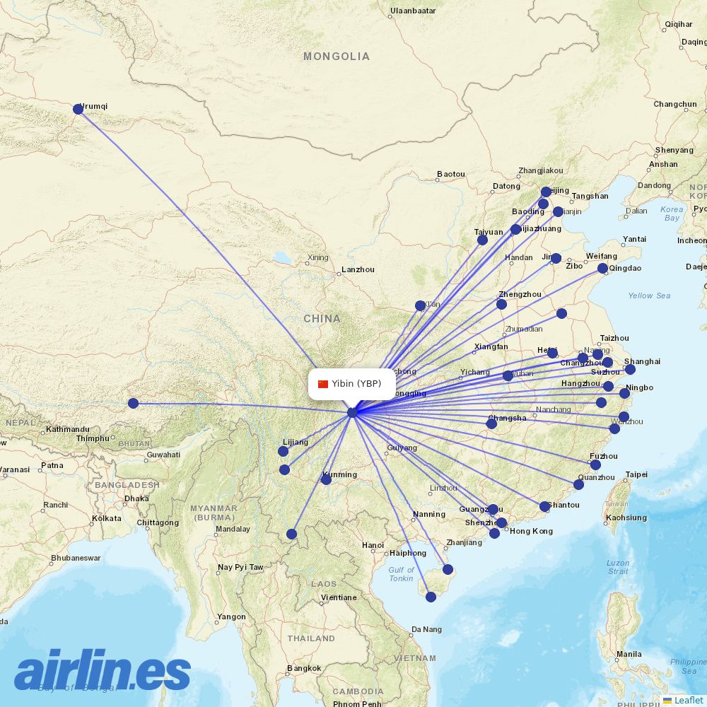 Shenzhen Airlines from Yibin destination map
