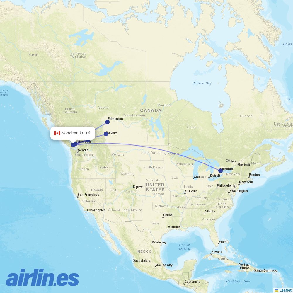 WestJet from Nanaimo destination map