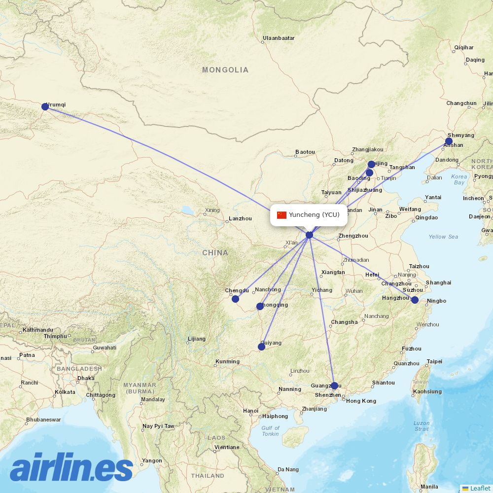 Air China from Zhangxiao destination map