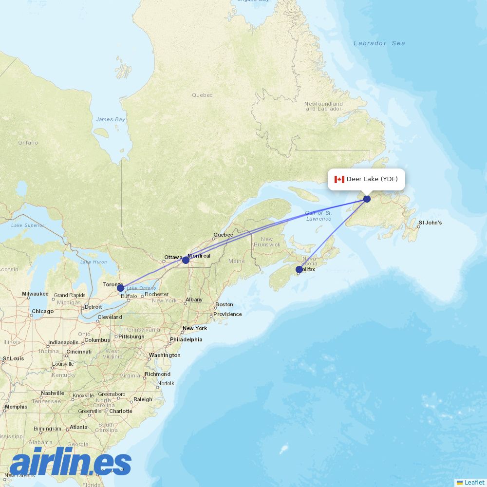 Air Canada from Deer Lake destination map
