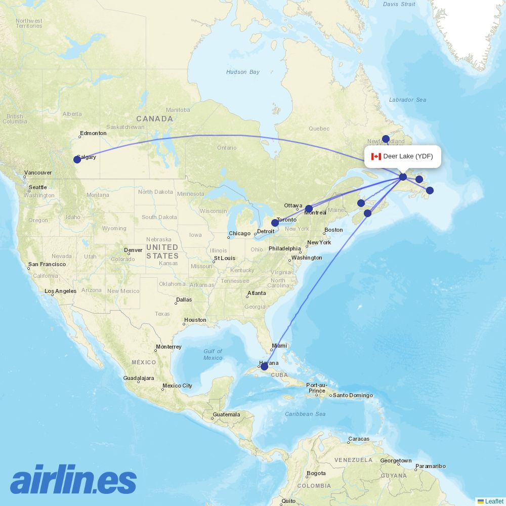 Porter Airlines from Deer Lake destination map