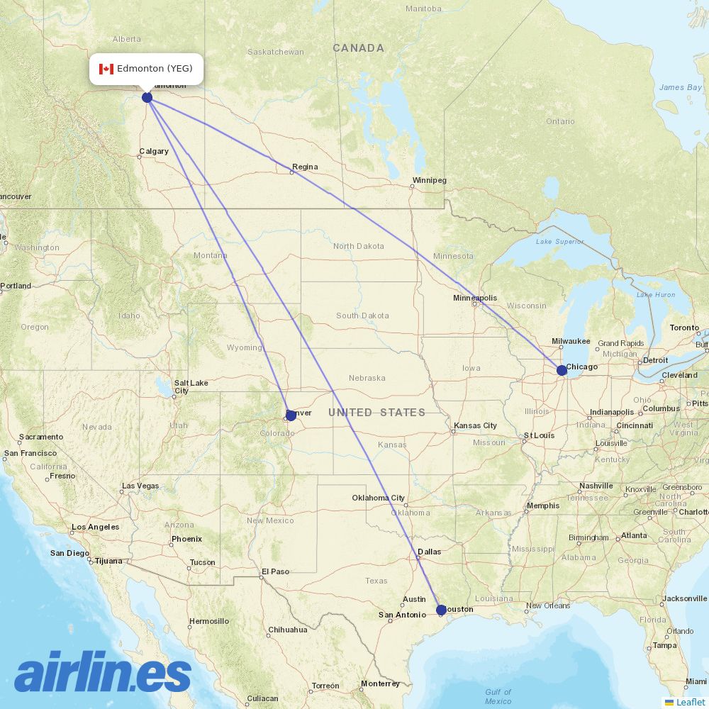 United Airlines from Edmonton International Airport destination map