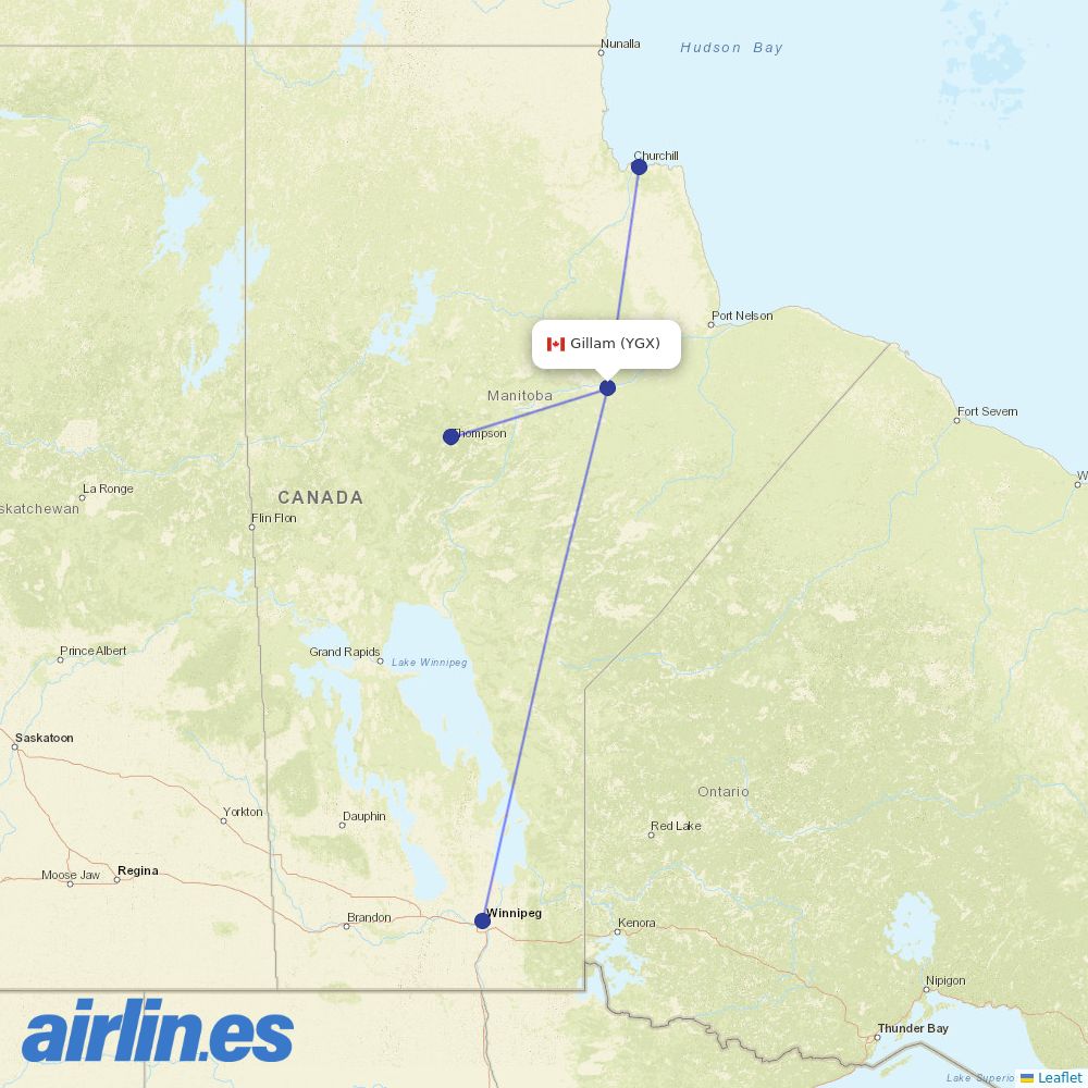 Calm Air International from Gillam destination map