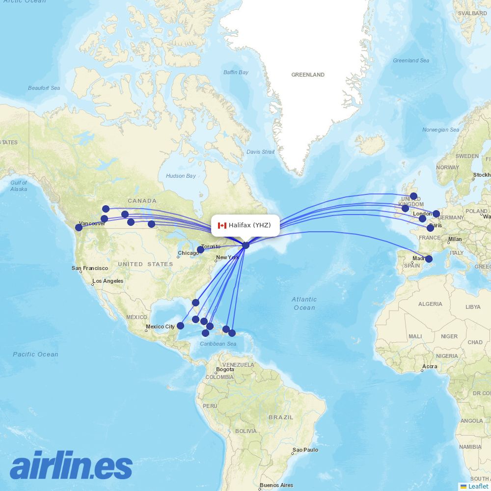 WestJet from Halifax International destination map