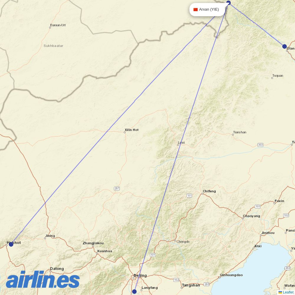 Beijing Capital Airlines from Arxan Yiershi Airport destination map