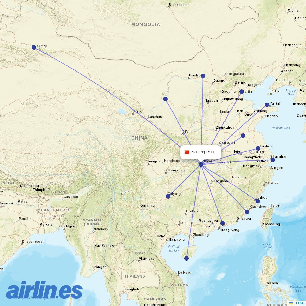 Tianjin Airlines from Yichang Airport destination map