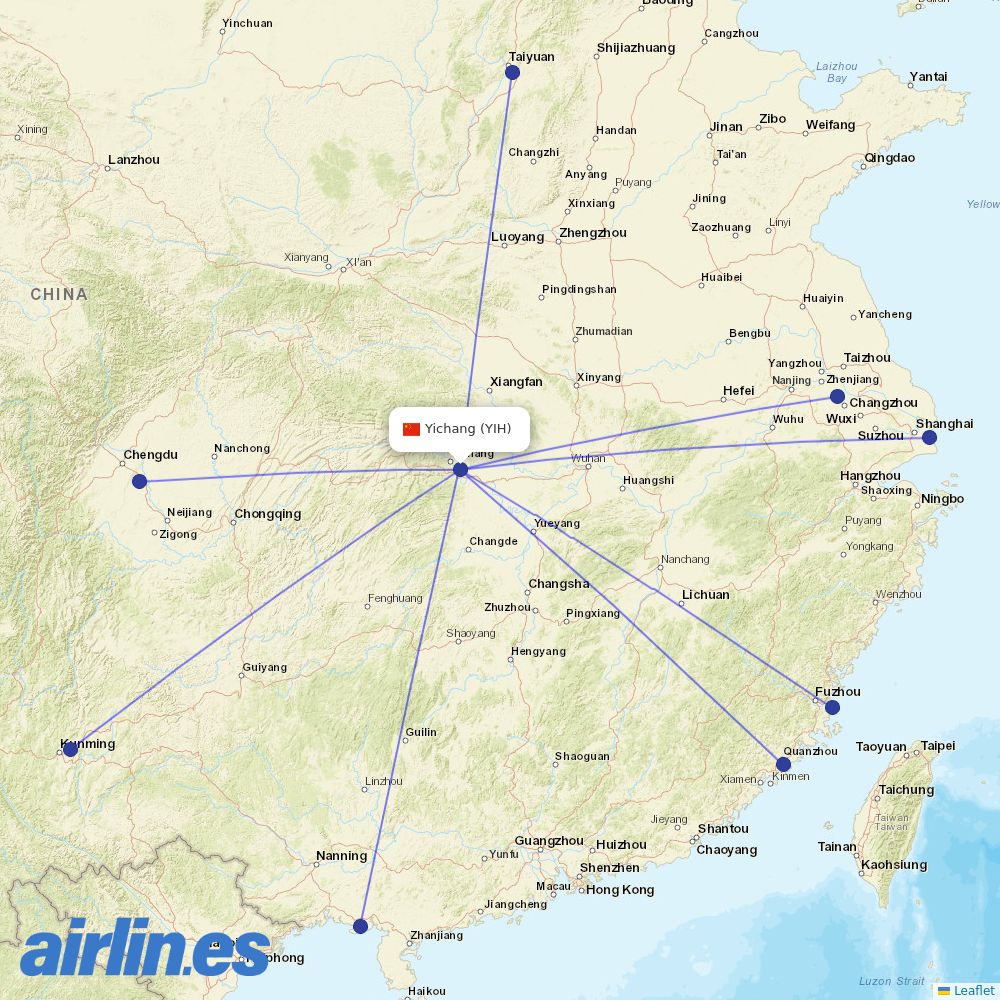 China Eastern Airlines from Yichang Airport destination map