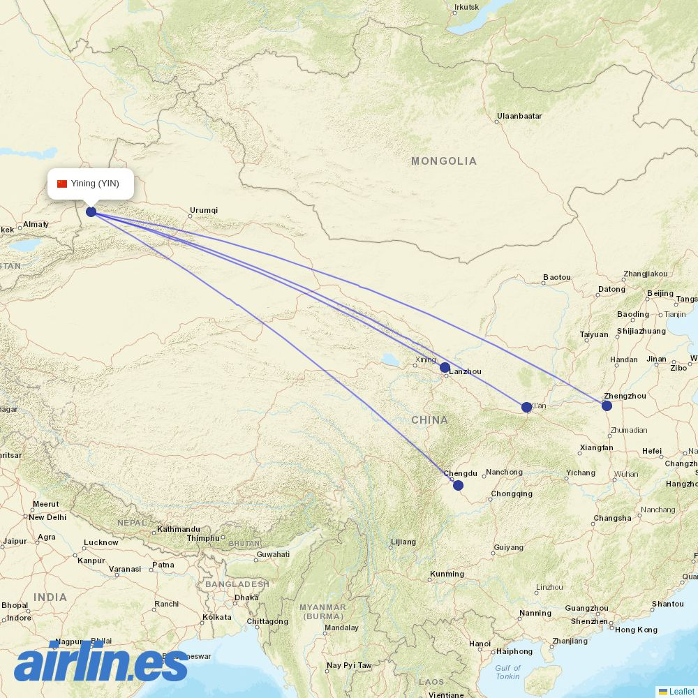 Spring Airlines from Yining Airport destination map