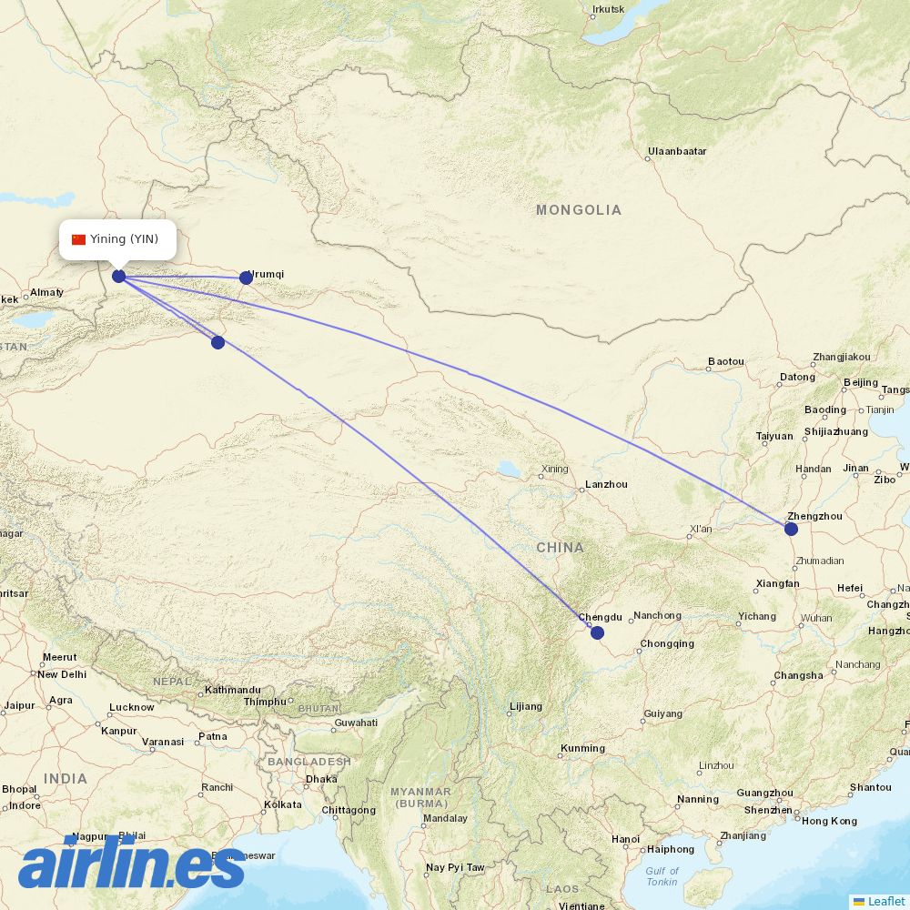 China Southern Airlines from Yining Airport destination map