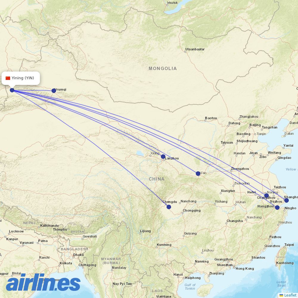 China Eastern Airlines from Yining Airport destination map