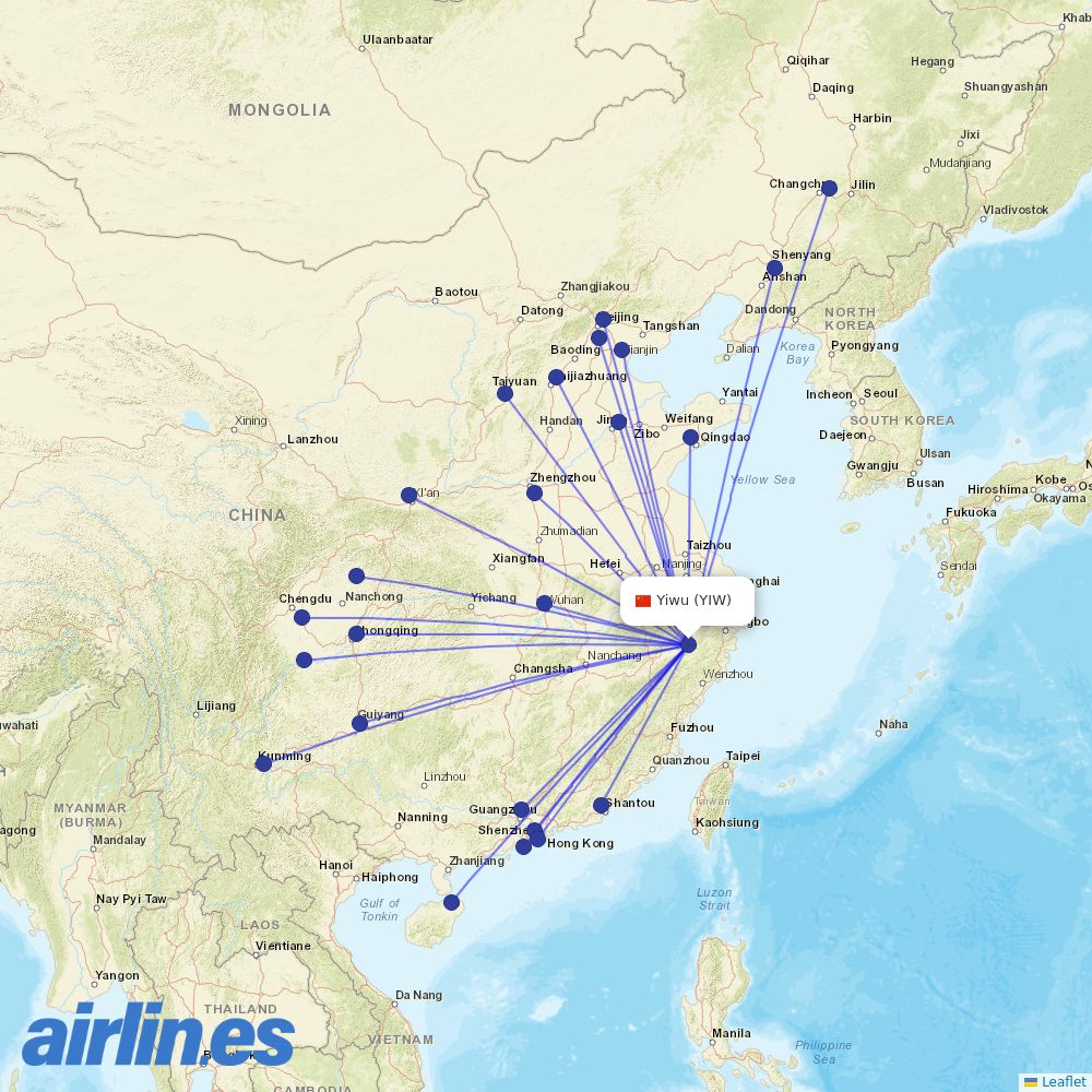 China Eastern Airlines from Yiwu Airport destination map