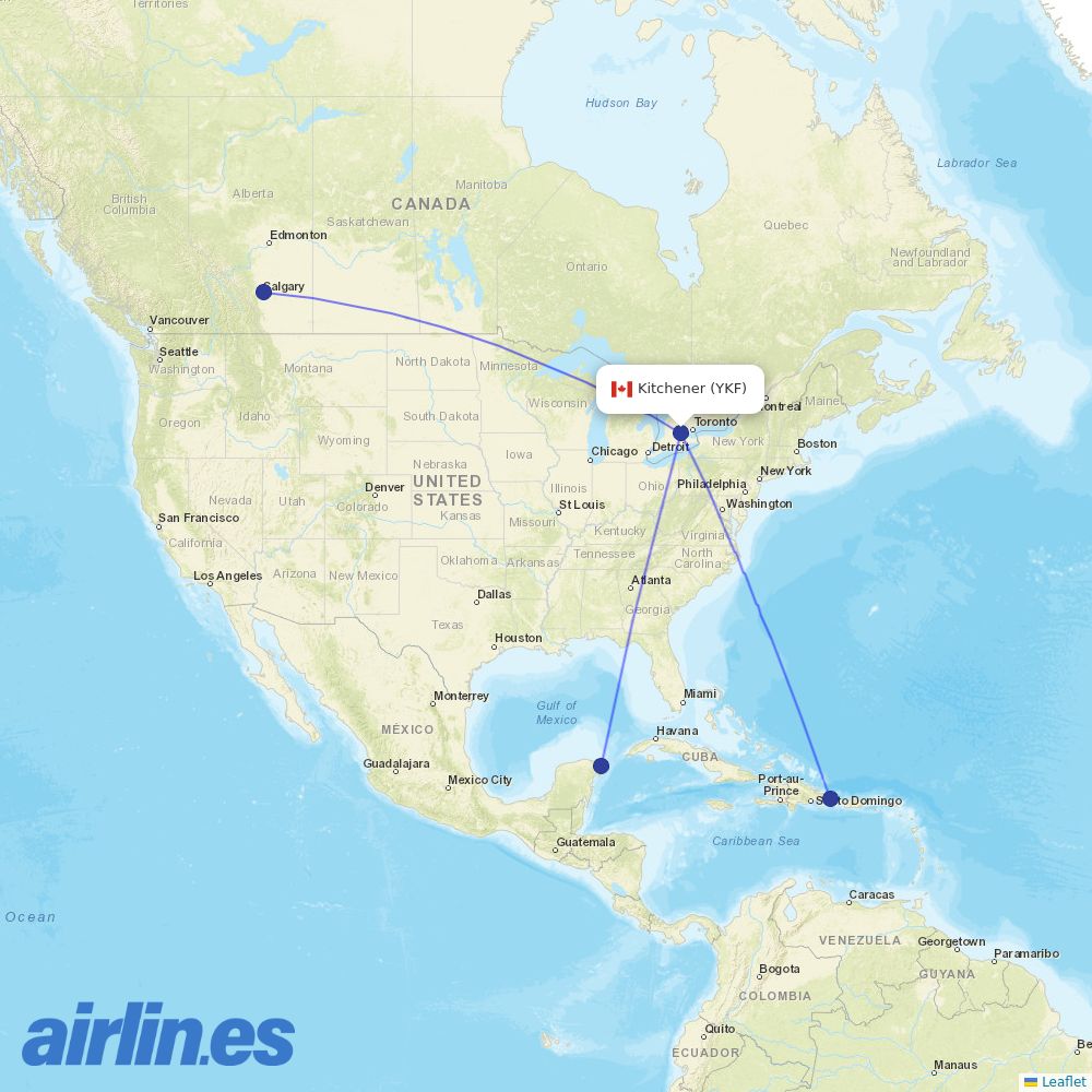 WestJet from Waterloo Rgnl destination map