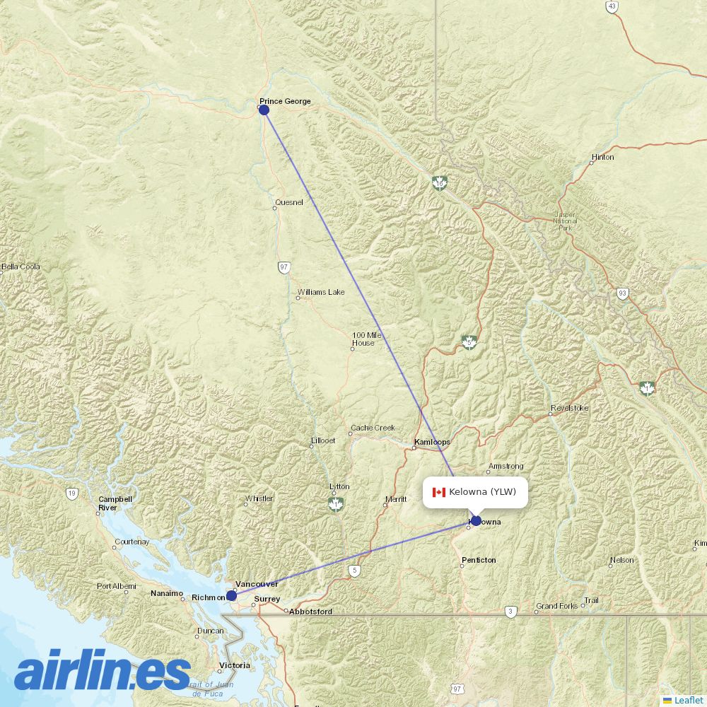 Central Mountain Air from Kelowna destination map