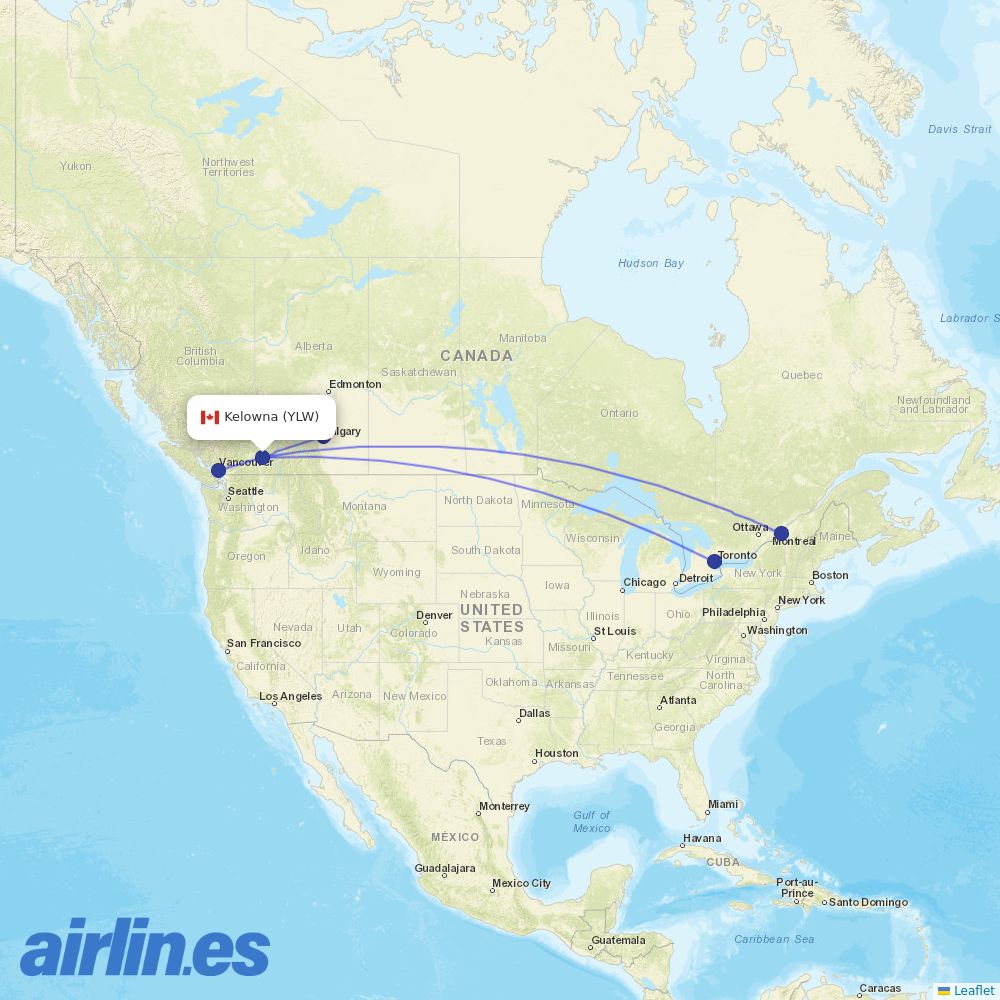 Air Canada from Kelowna destination map