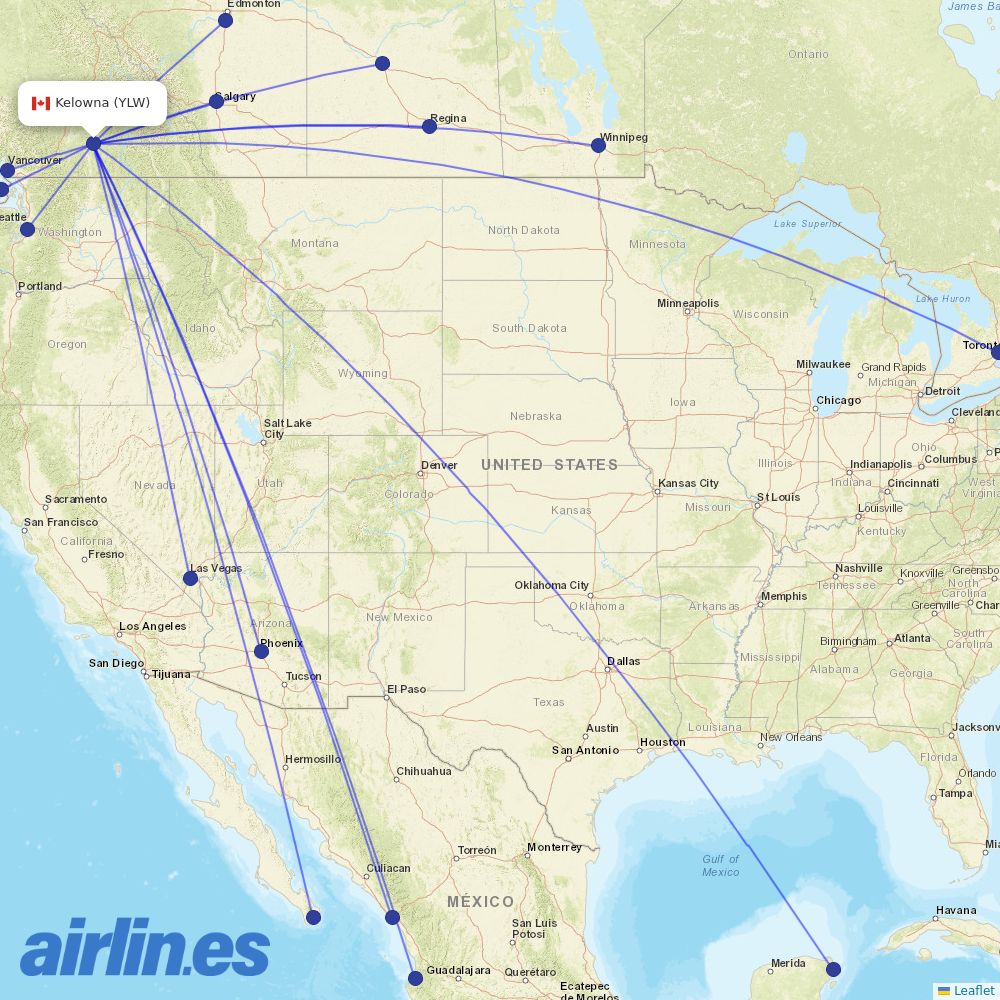 WestJet at YLW route map