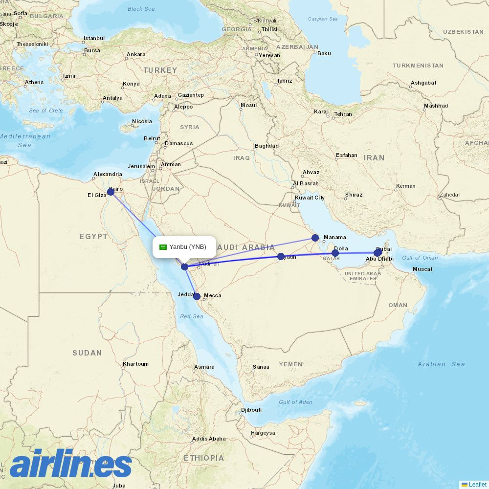Qatar Airways from Yenbo destination map