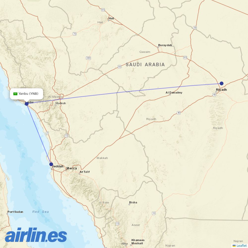 Saudia from Yenbo destination map