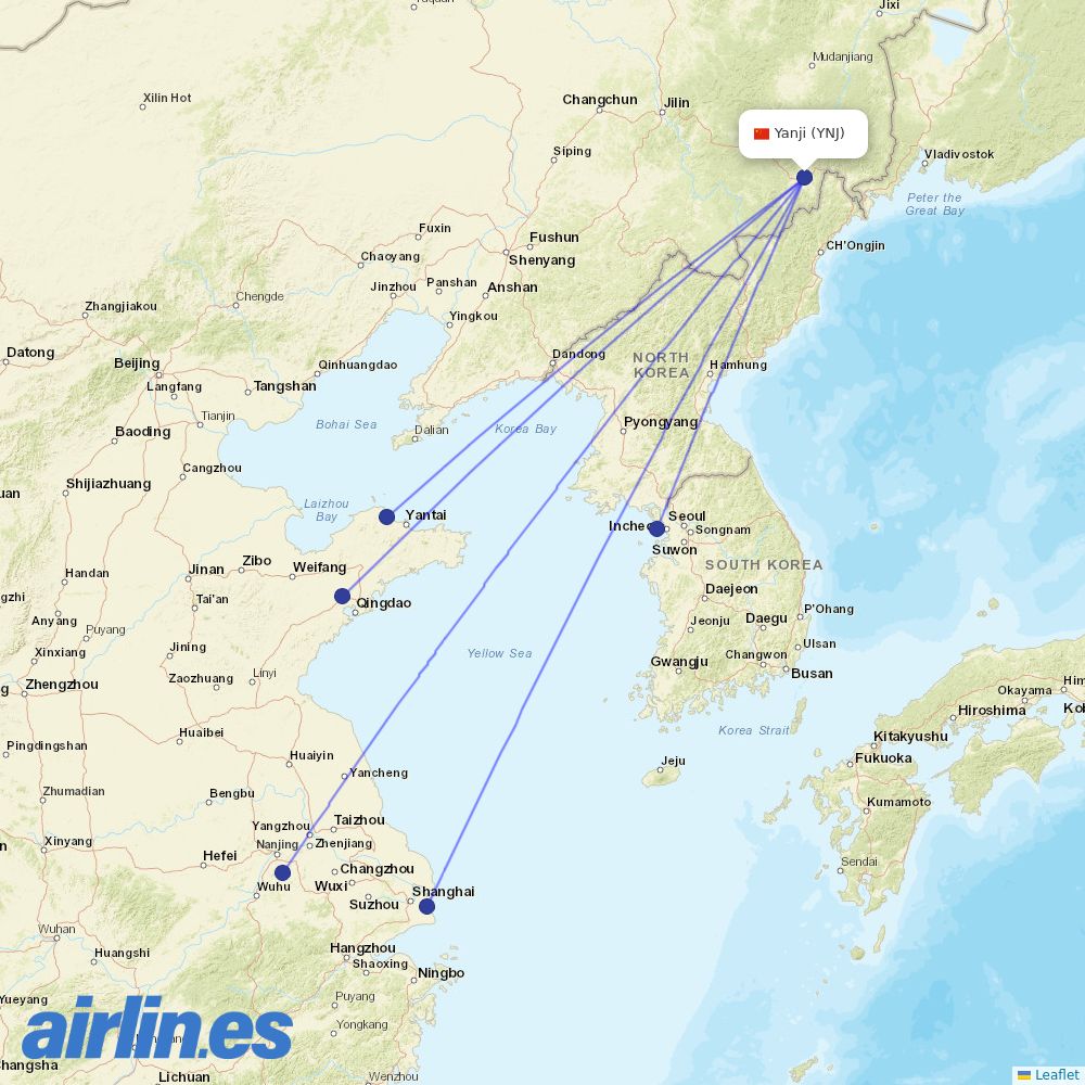 China Eastern Airlines from Yanji Airport destination map
