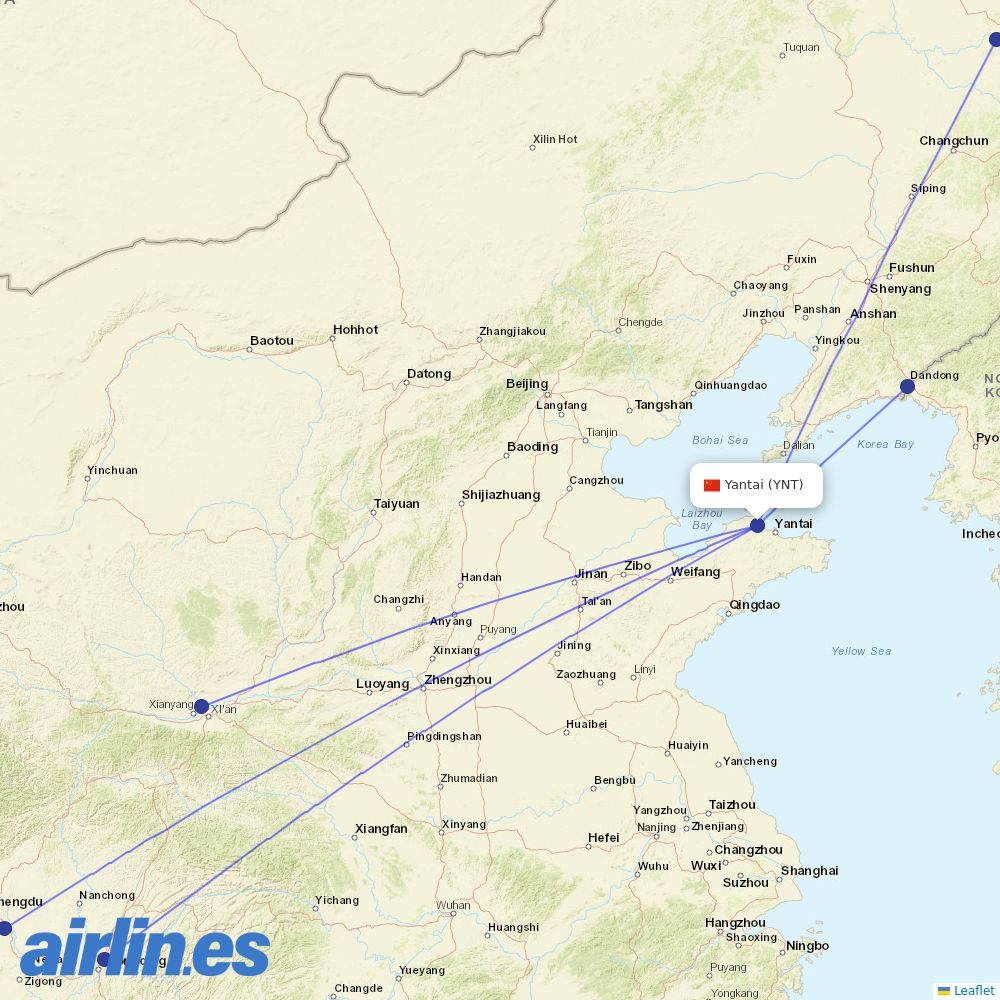 Sichuan Airlines from Penglai International Airport destination map