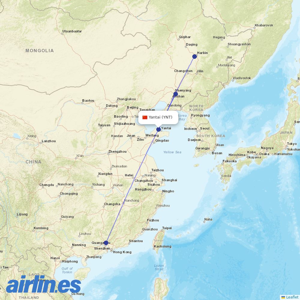China Southern Airlines from Penglai International Airport destination map