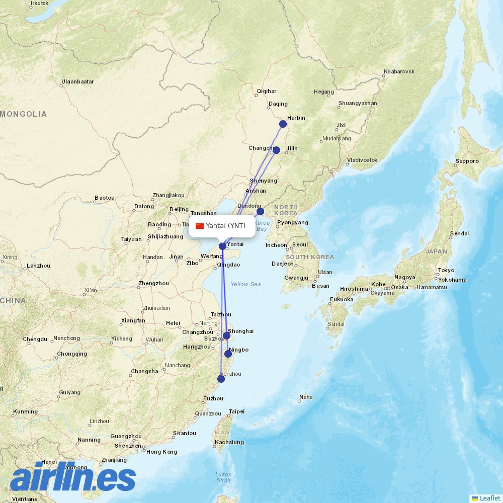 Shanghai Airlines from Penglai International Airport destination map