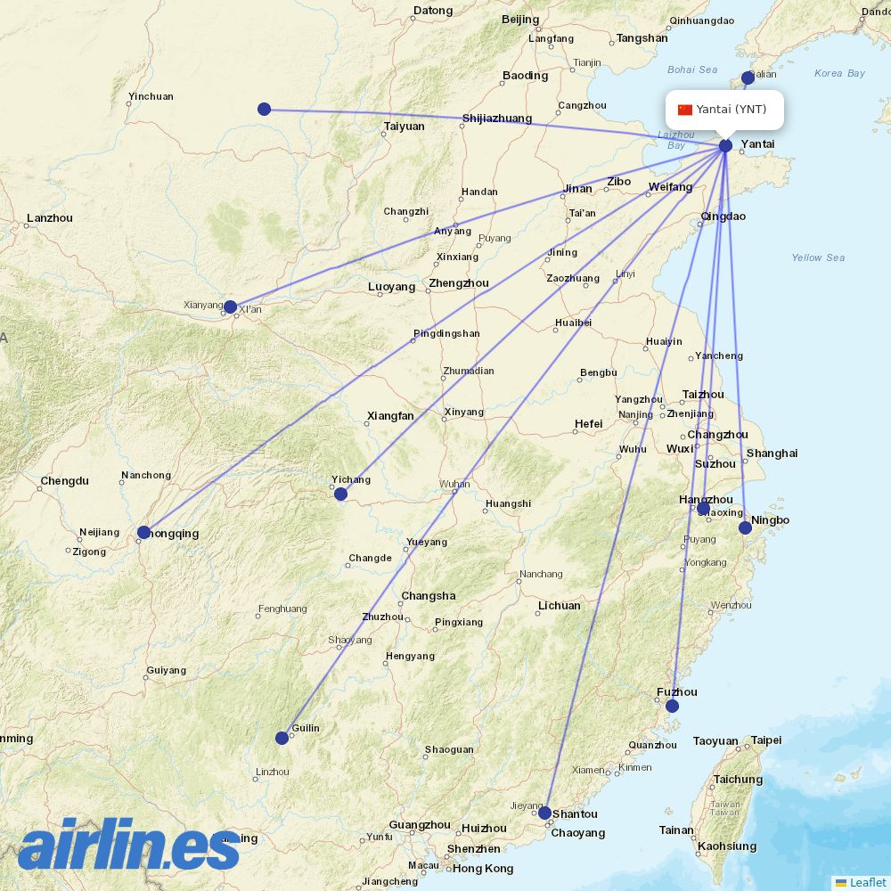 Tianjin Airlines from Penglai International Airport destination map