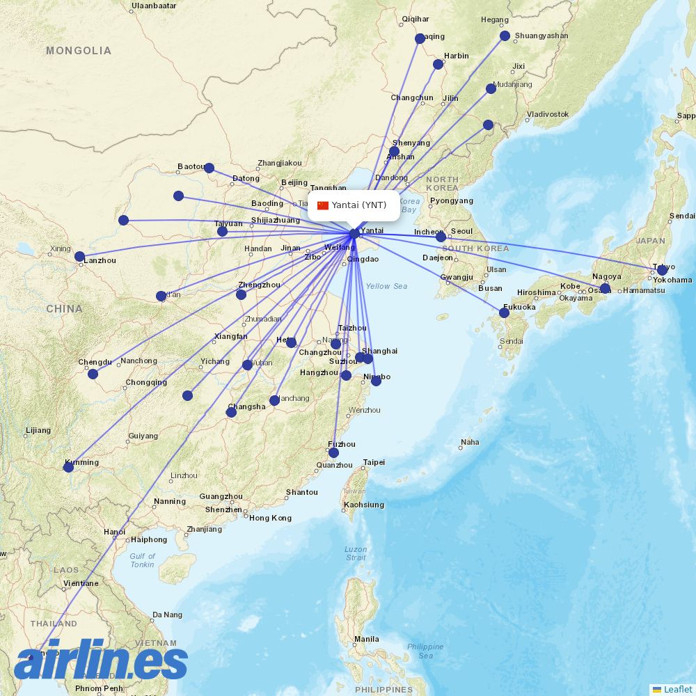 China Eastern Airlines from Penglai International Airport destination map