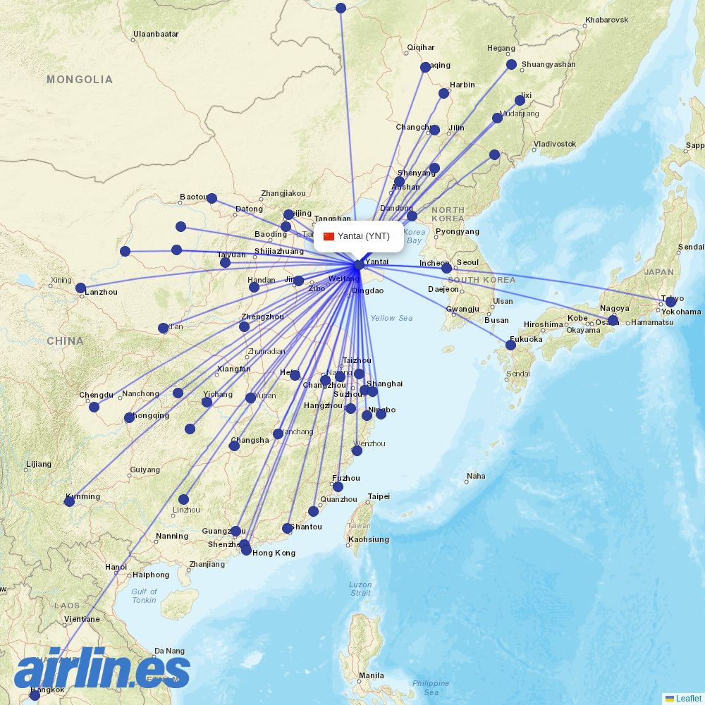 Qingdao Airlines from Penglai International Airport destination map