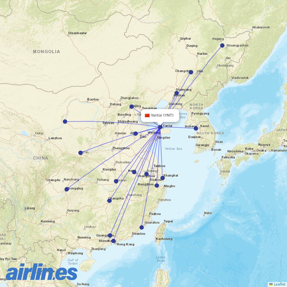 Shandong Airlines from Penglai International Airport destination map